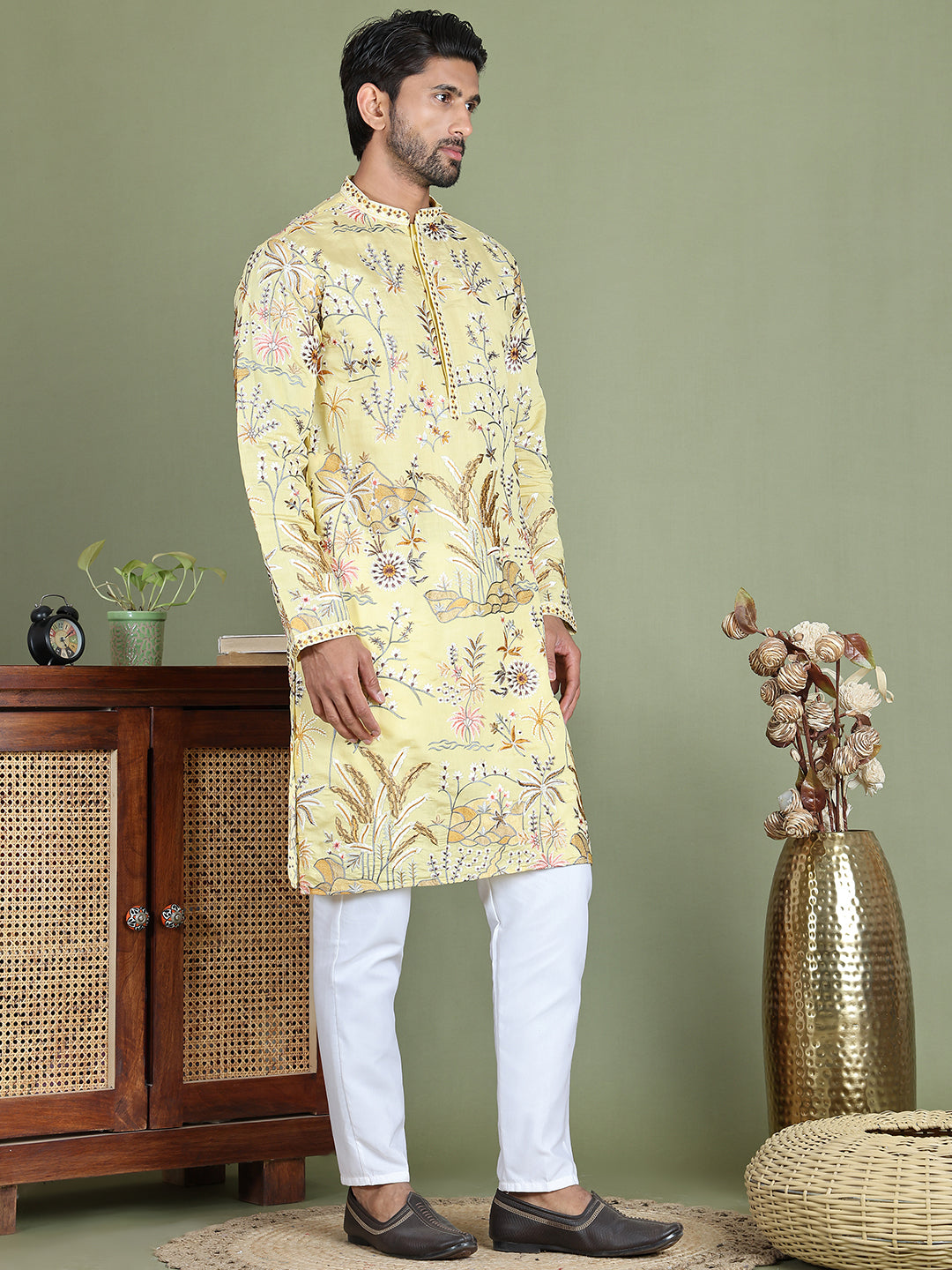 DesiQlo Men Embroidered Kurta Pyjama Set - Yellow - JOKP_5156Yellow_S