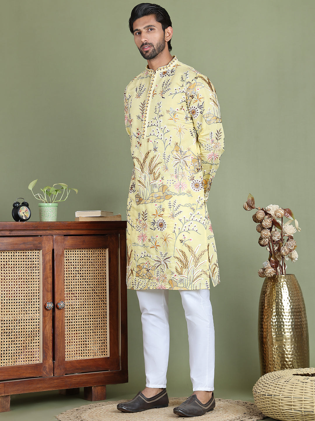 DesiQlo Men Embroidered Kurta Pyjama Set - Yellow - JOKP_5156Yellow_S