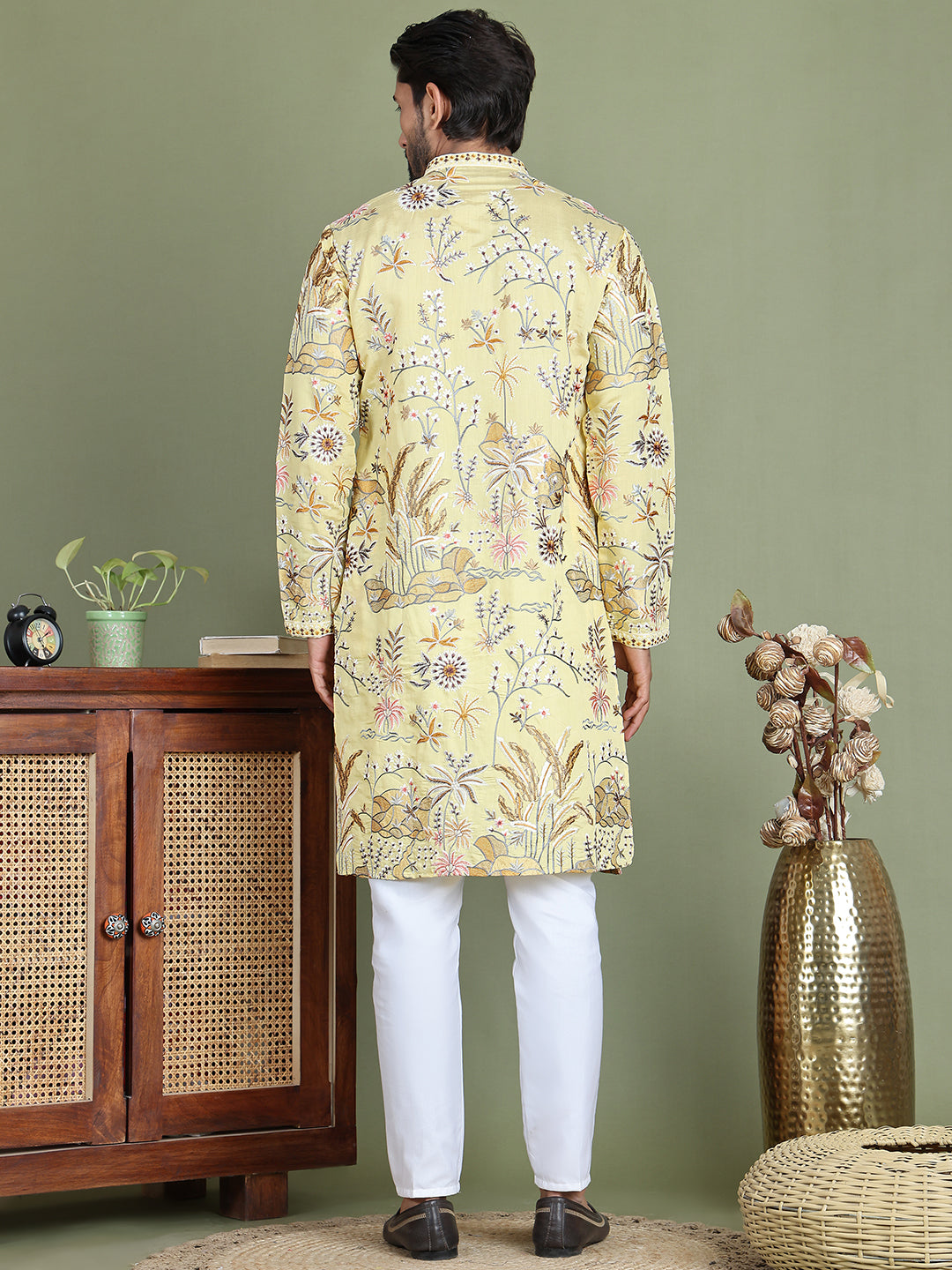 DesiQlo Men Embroidered Kurta Pyjama Set - Yellow - JOKP_5156Yellow_S