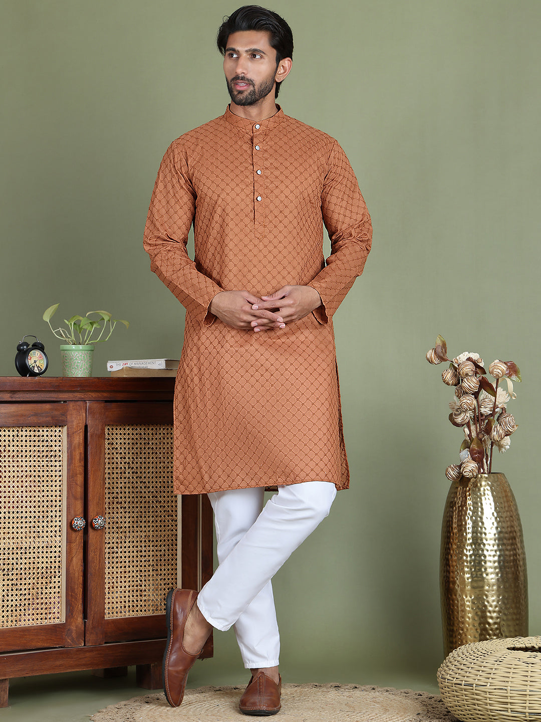 DesiQlo Men Embroidered Kurta Pyjama Set - Brown - JOKP_5158Brown_S