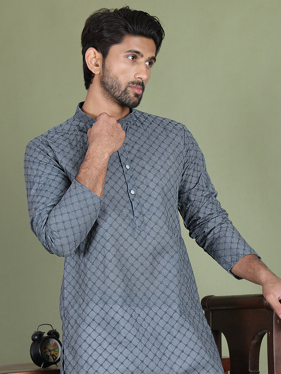 DesiQlo Men Embroidered Kurta Pyjama Set - Grey - JOKP_5158Grey_S