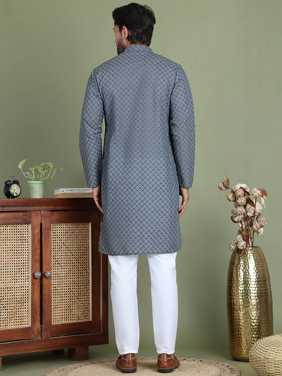 DesiQlo Men Embroidered Kurta Pyjama Set - Grey - JOKP_5158Grey_S