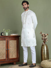 Men's Embroidered and Sequence Work Kurta Pyjama Set ( JOKP 5160White ) [FF] [C-7-8]