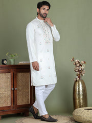 Men's Embroidered and Sequence Work Kurta Pyjama Set ( JOKP 5160White ) [FF] [C-7-8]