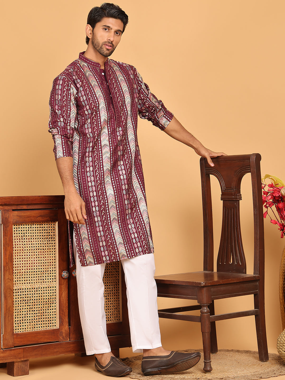 DesiQlo Men Embroidered Kurta Pyjama Set - Maroon - JOKP_P_5161Maroon_