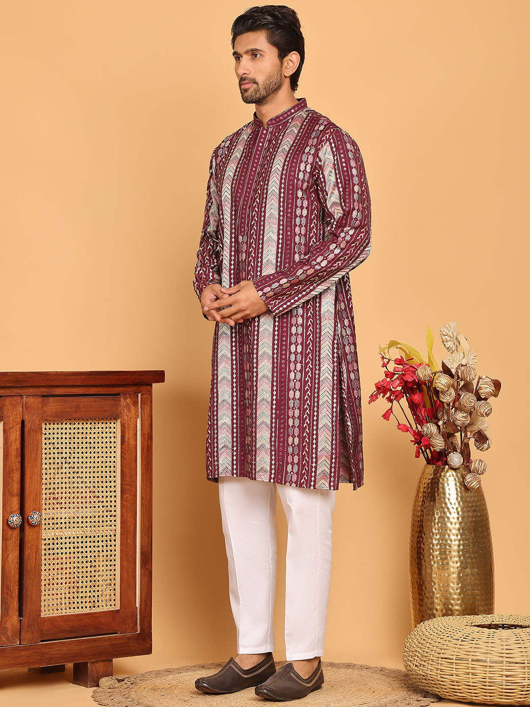 DesiQlo Men Embroidered Kurta Pyjama Set - Maroon - JOKP_P_5161Maroon_