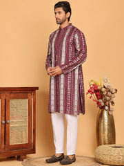 Embroidered and Sequins Kurta Pyjama Set for Men ( JOKP P 5161 Maroon ) [FF] [M-15]