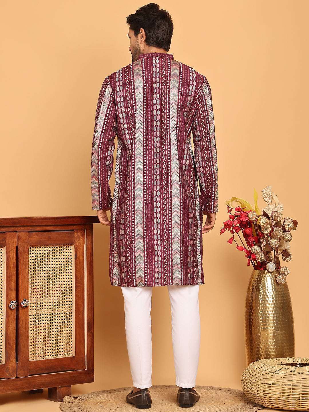 DesiQlo Men Embroidered Kurta Pyjama Set - Maroon - JOKP_P_5161Maroon_