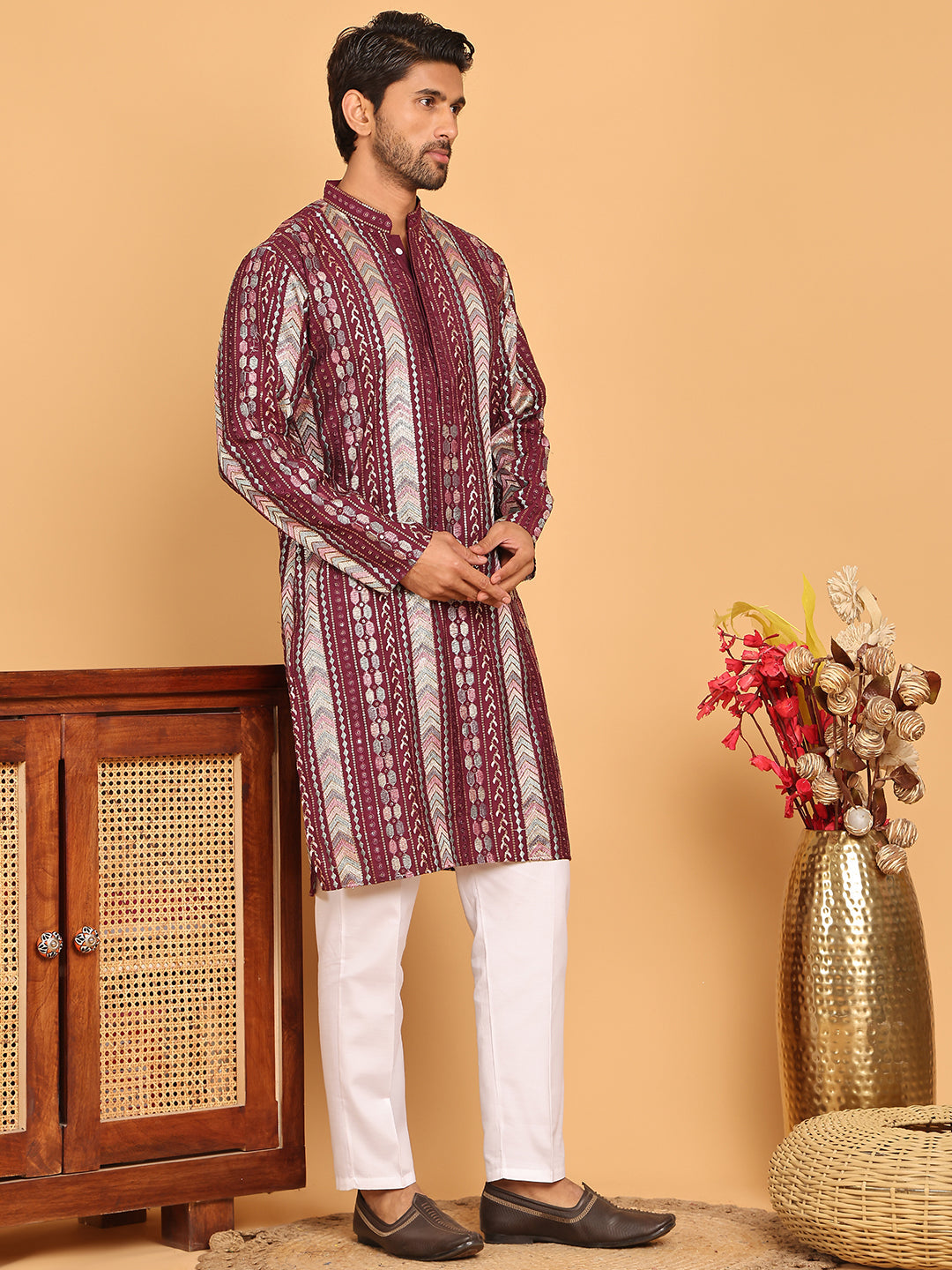 DesiQlo Men Embroidered Kurta Pyjama Set - Maroon - JOKP_P_5161Maroon_