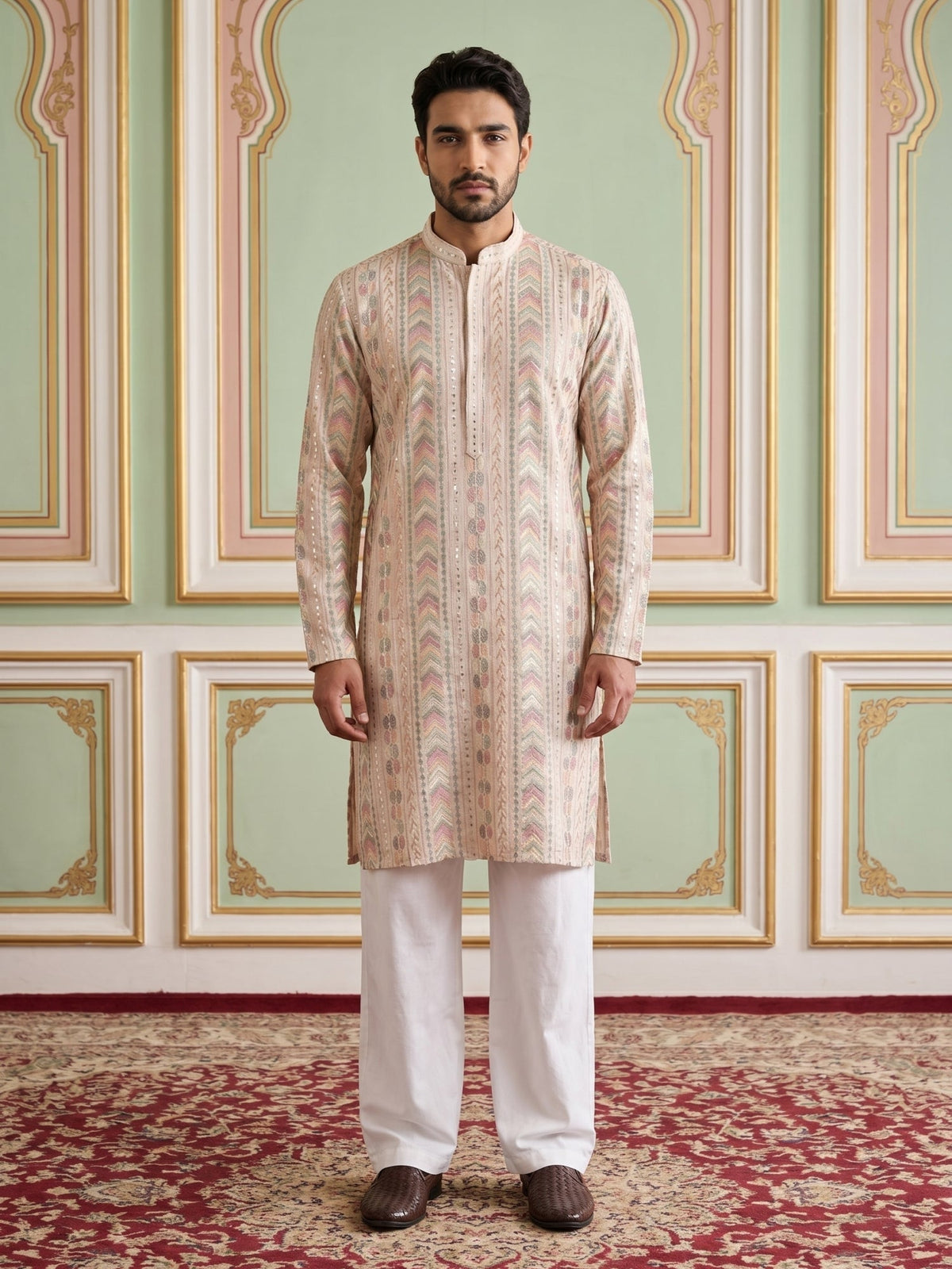 Embroidered and Sequins Kurta Pyjama Set for Men ( JOKP PJ11W 5161White )