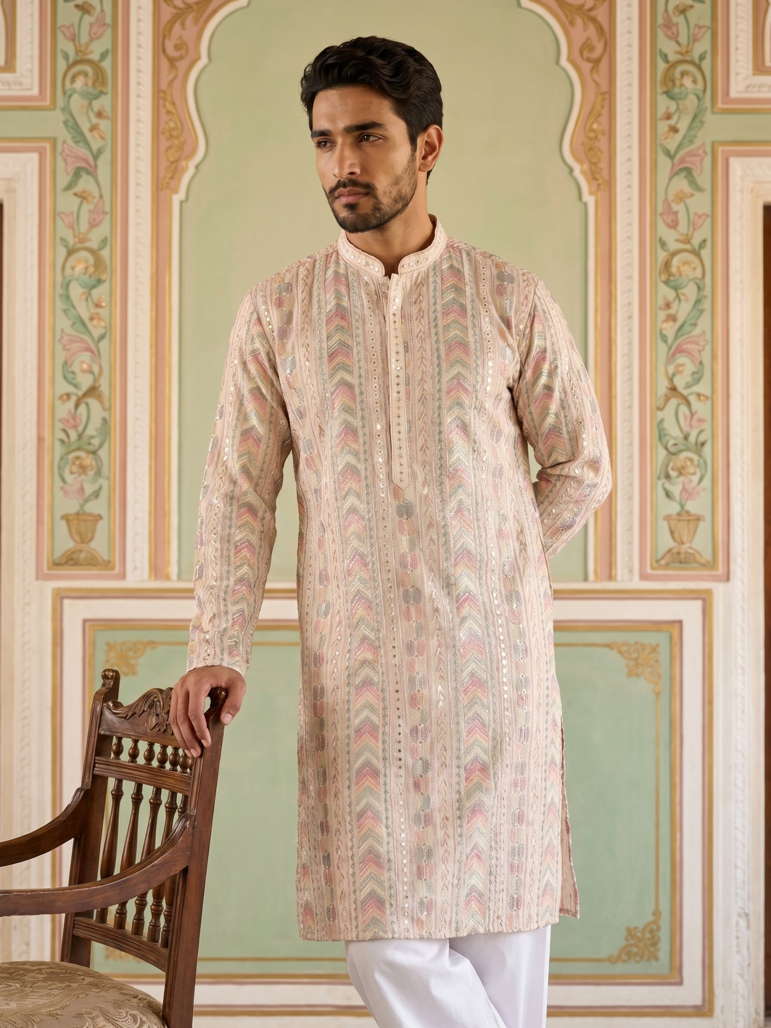 DesiQlo Men Embroidered Kurta Pyjama Set - White - JOKP_PJ11W_5161Whit