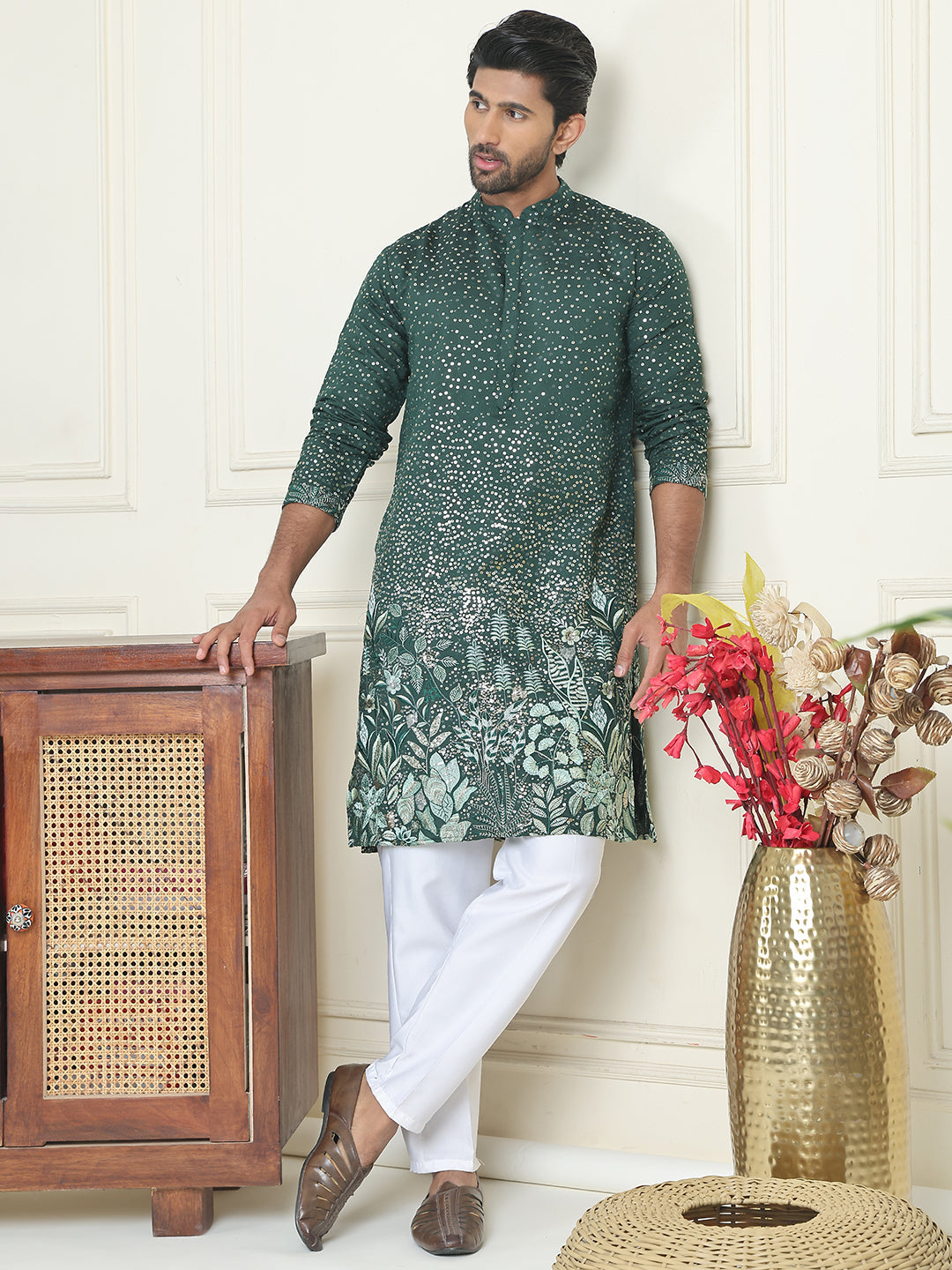 DesiQlo Men Embroidered Kurta Pyjama Set - Green - JOKP_P_5169Olive_S