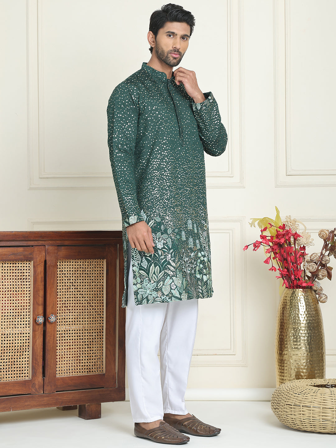 DesiQlo Men Embroidered Kurta Pyjama Set - Green - JOKP_P_5169Olive_S