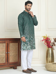 Embroidered and Sequins Silk Blend Kurta Pyjama Set ( JOKP P 5169 Olive ) [FF] [L-7-8]
