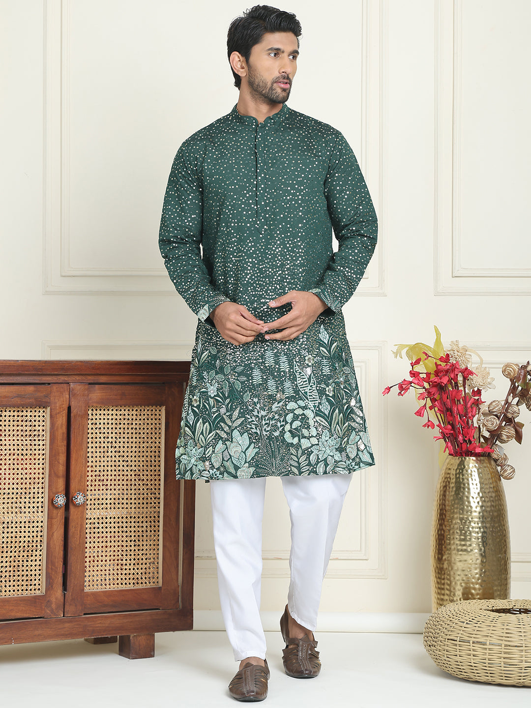 DesiQlo Men Embroidered Kurta Pyjama Set - Green - JOKP_P_5169Olive_S