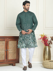 Embroidered and Sequins Silk Blend Kurta Pyjama Set ( JOKP P 5169 Olive ) [FF] [L-7-8]