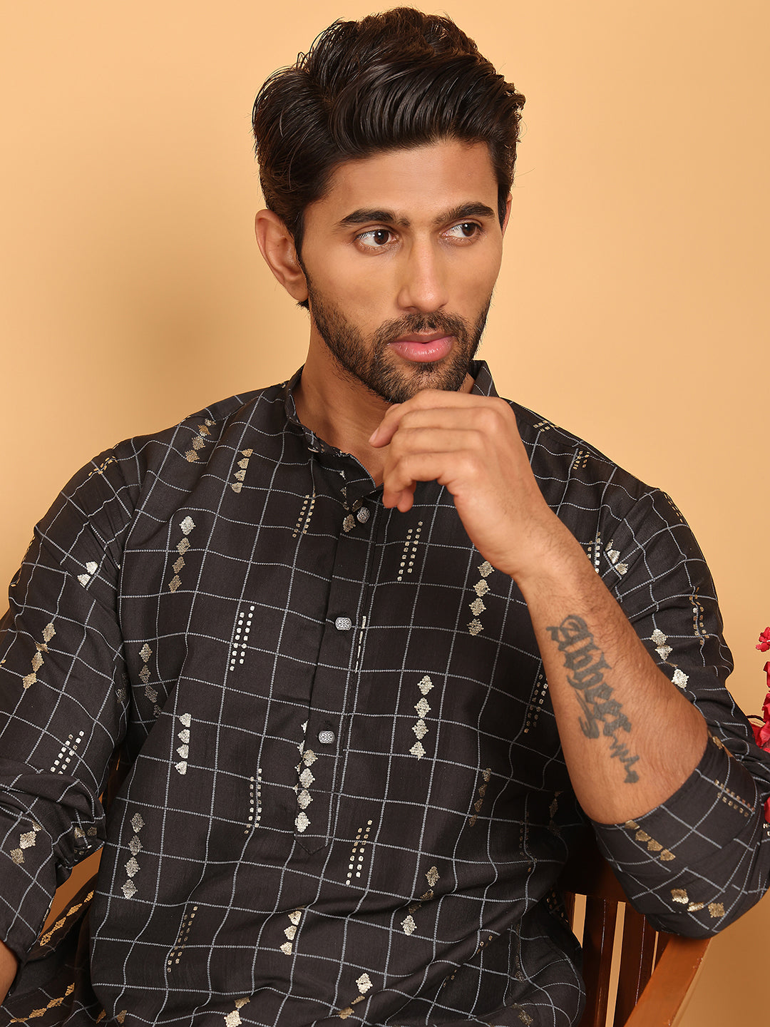 Foil Printed Straight Kurta Pyjama Set For Men ( JOKP P 5170 Black ) [FF] [I-1-4]