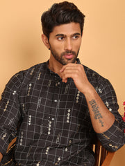 Foil Printed Straight Kurta Pyjama Set For Men ( JOKP P 5170 Black ) [FF] [I-1-4]