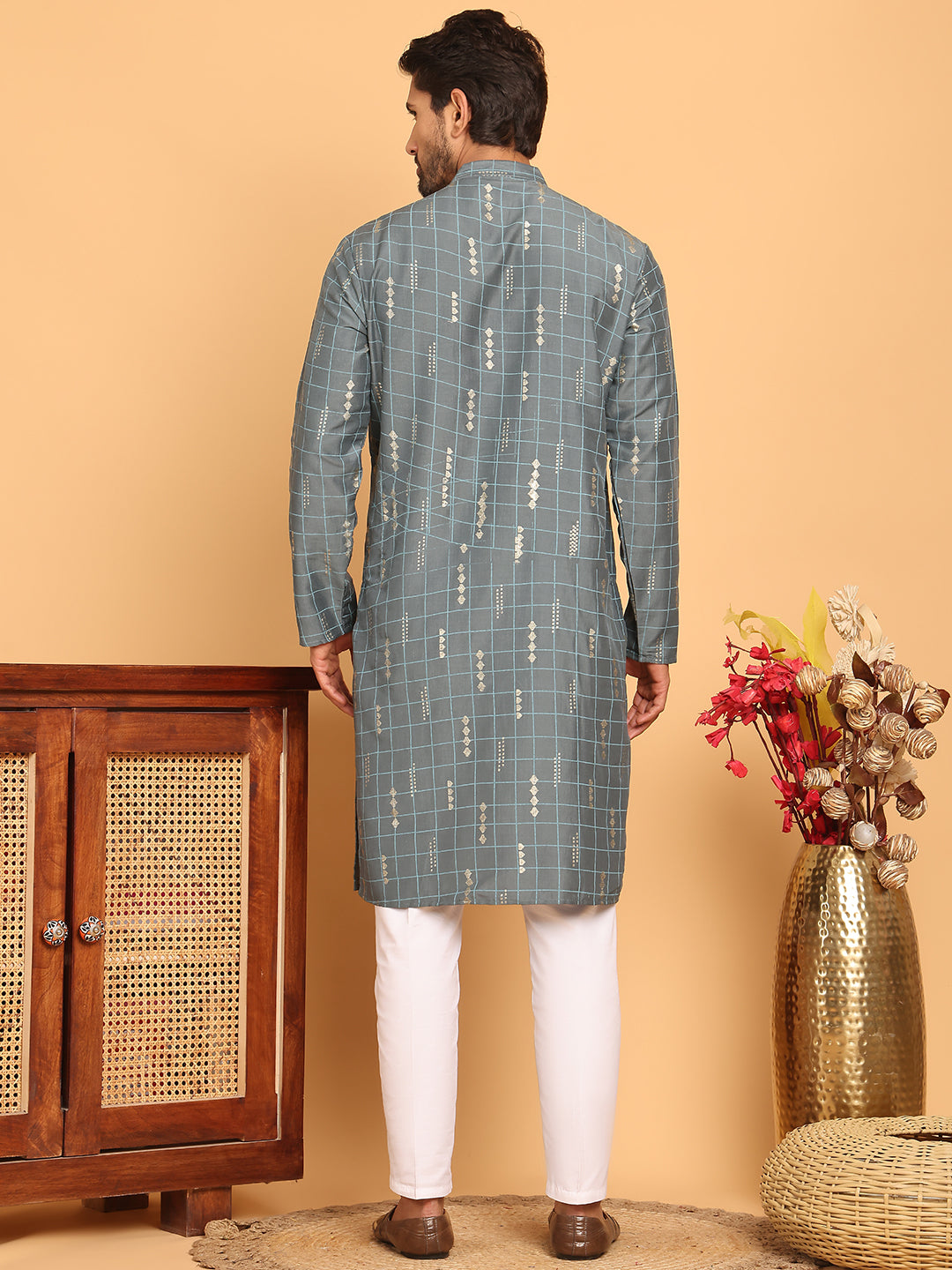 DesiQlo Men Printed Kurta Pyjama Set - Grey - JOKP_P_5170Grey_S