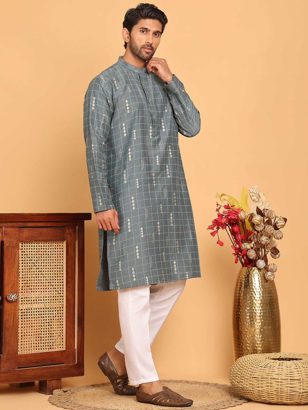 DesiQlo Men Printed Kurta Pyjama Set - Grey - JOKP_P_5170Grey_S