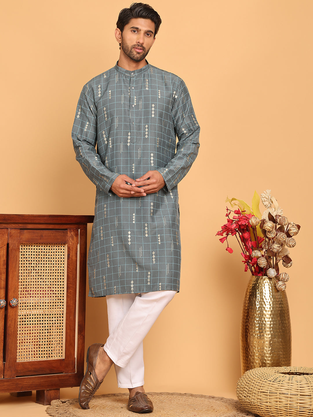 DesiQlo Men Printed Kurta Pyjama Set - Grey - JOKP_P_5170Grey_S