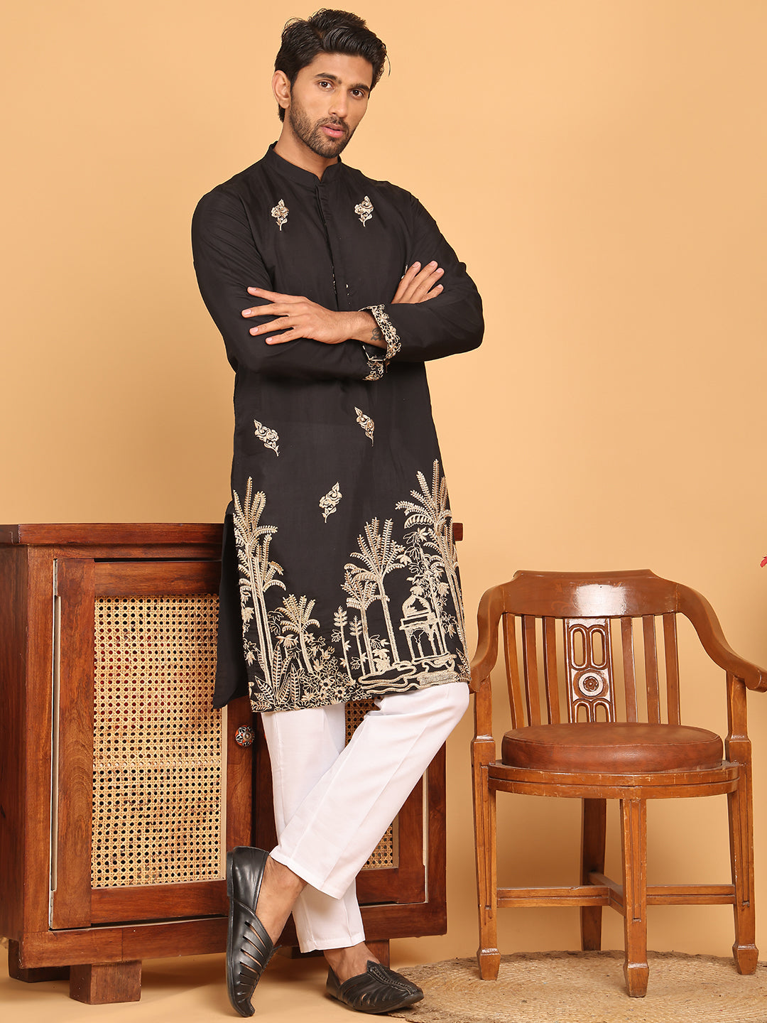 Black Embroidered Straight Kurta Set For Men ( JOKP P 5172 Black ) [FF] [J-3-4]