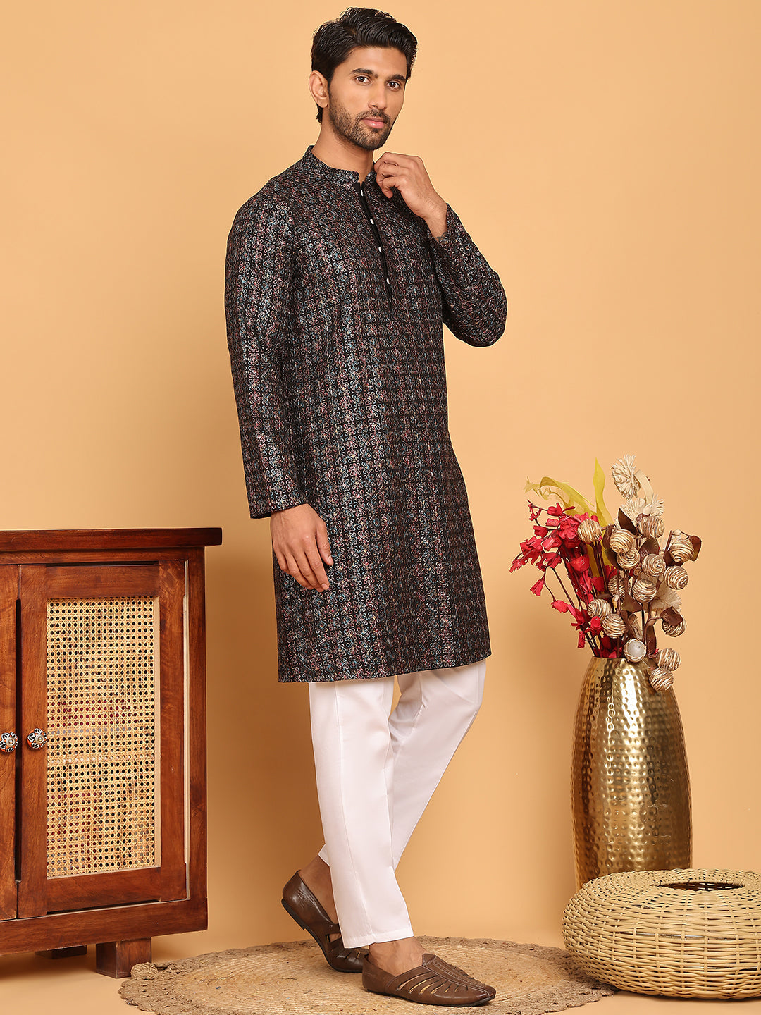 DesiQlo Men Embroidered Kurta Pyjama Set - Blue - JOKP_P_5173Blue_S