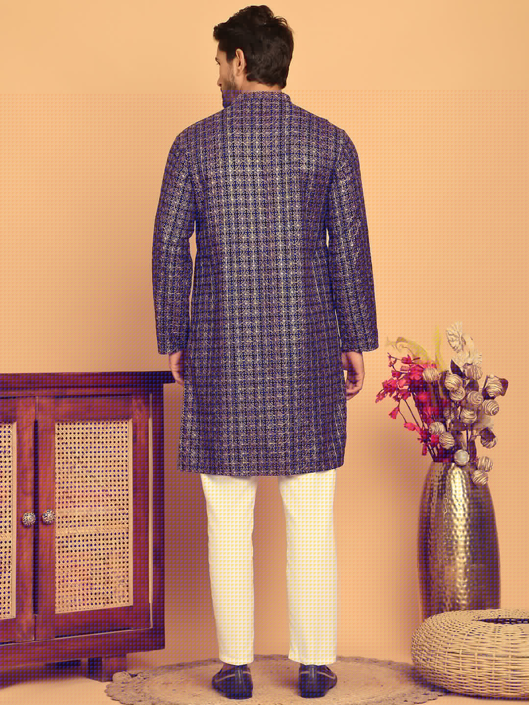 DesiQlo Men Embroidered Kurta Pyjama Set - Silver - JOKP_P_5173Silver_