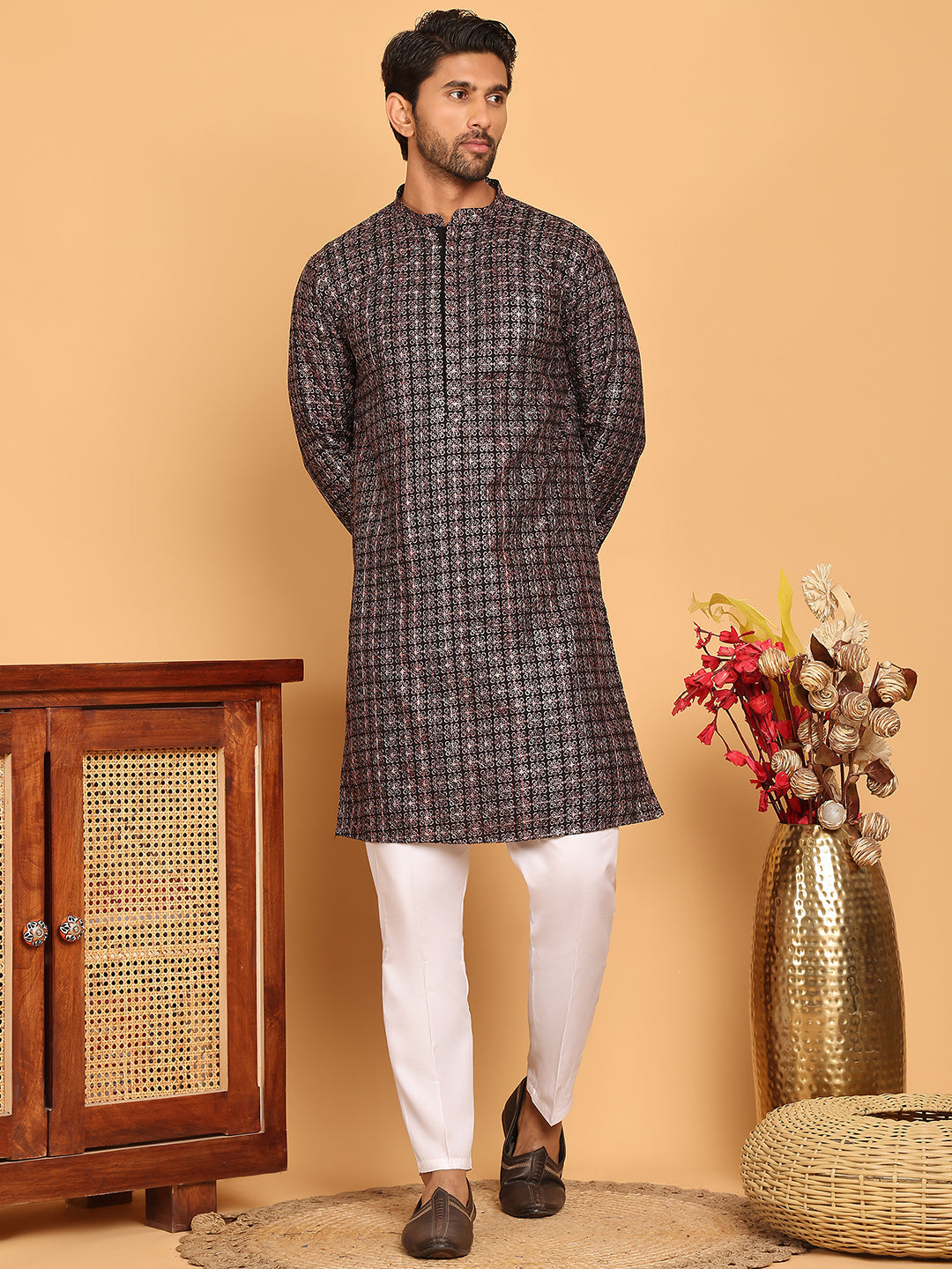 DesiQlo Men Embroidered Kurta Pyjama Set - Silver - JOKP_P_5173Silver_