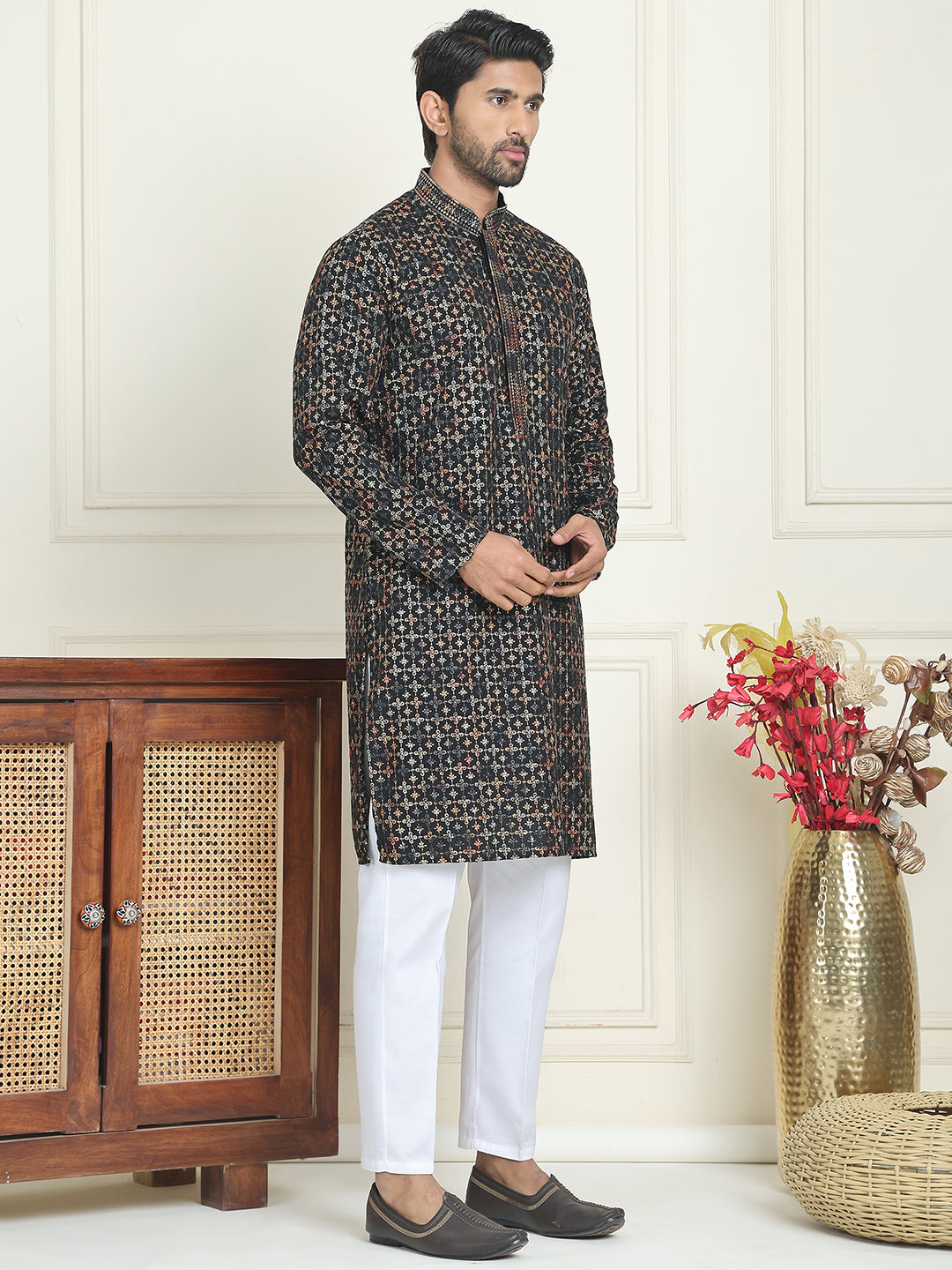 DesiQlo Men Embroidered Kurta Pyjama Set - Yellow - JOKP_P_5173Yellow_