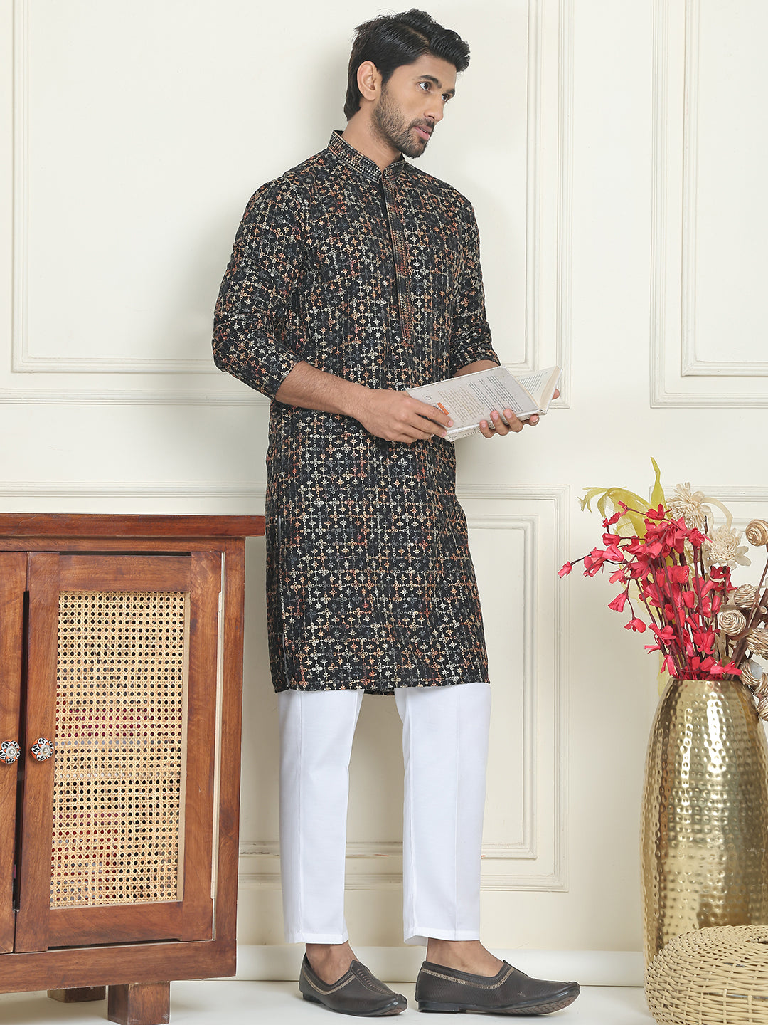 DesiQlo Men Embroidered Kurta Pyjama Set - Yellow - JOKP_P_5173Yellow_