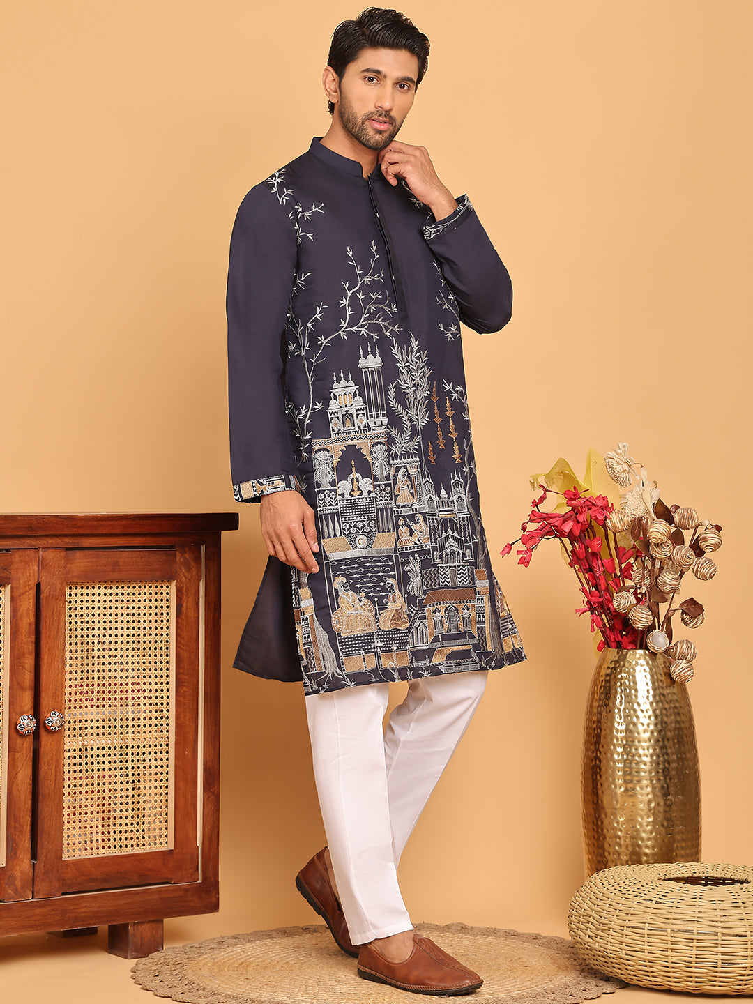 DesiQlo Men Embroidered Kurta Pyjama Set - Blue - JOKP_P_5176Navy_S