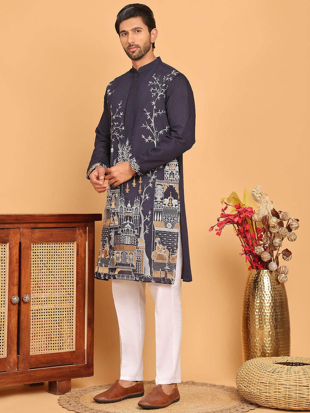DesiQlo Men Embroidered Kurta Pyjama Set - Blue - JOKP_P_5176Navy_S