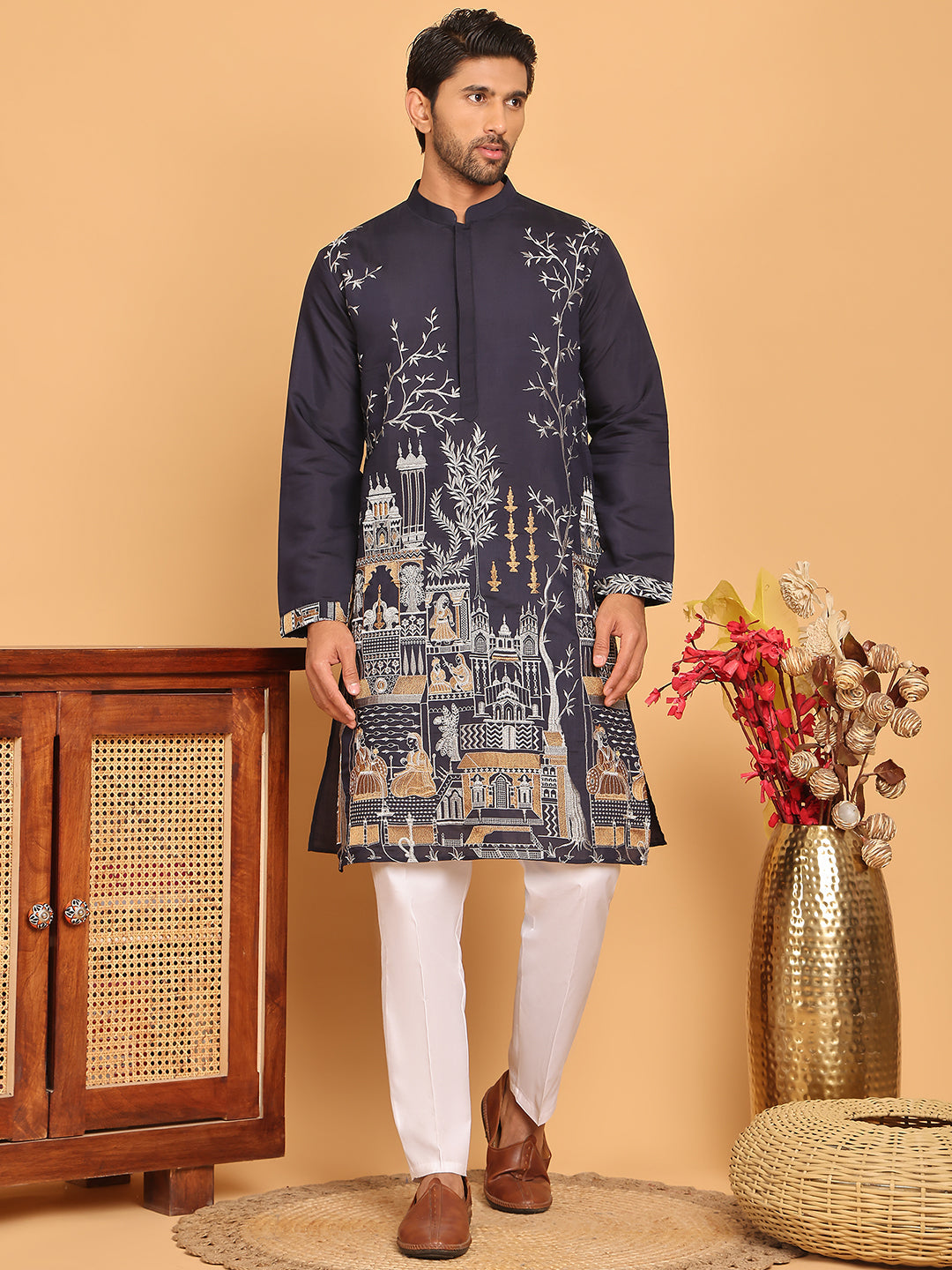 DesiQlo Men Embroidered Kurta Pyjama Set - Blue - JOKP_P_5176Navy_S