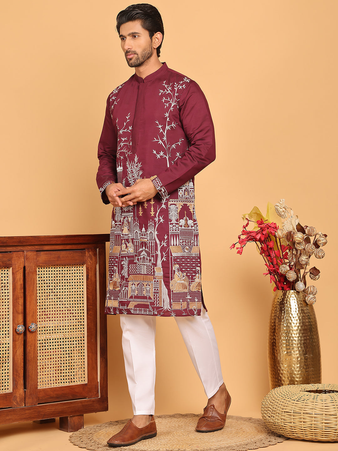 DesiQlo Men Embroidered Kurta Pyjama Set - Purple - JOKP_P_5176Purple_