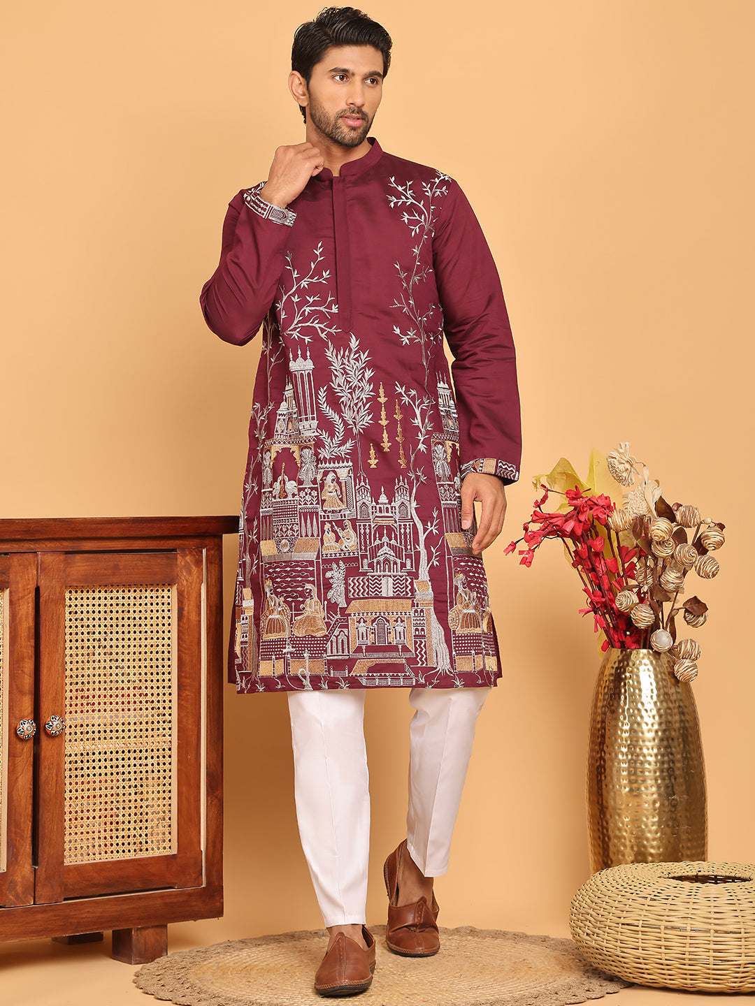 DesiQlo Men Embroidered Kurta Pyjama Set - Purple - JOKP_P_5176Purple_