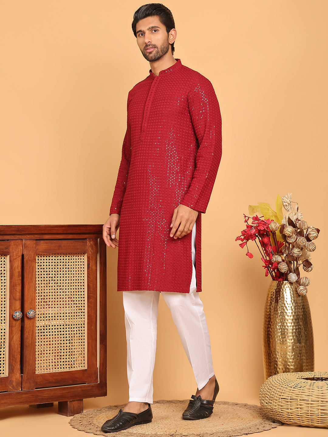 DesiQlo Men Embroidered Kurta Pyjama Set - Maroon - JOKP_P_5177Maroon_