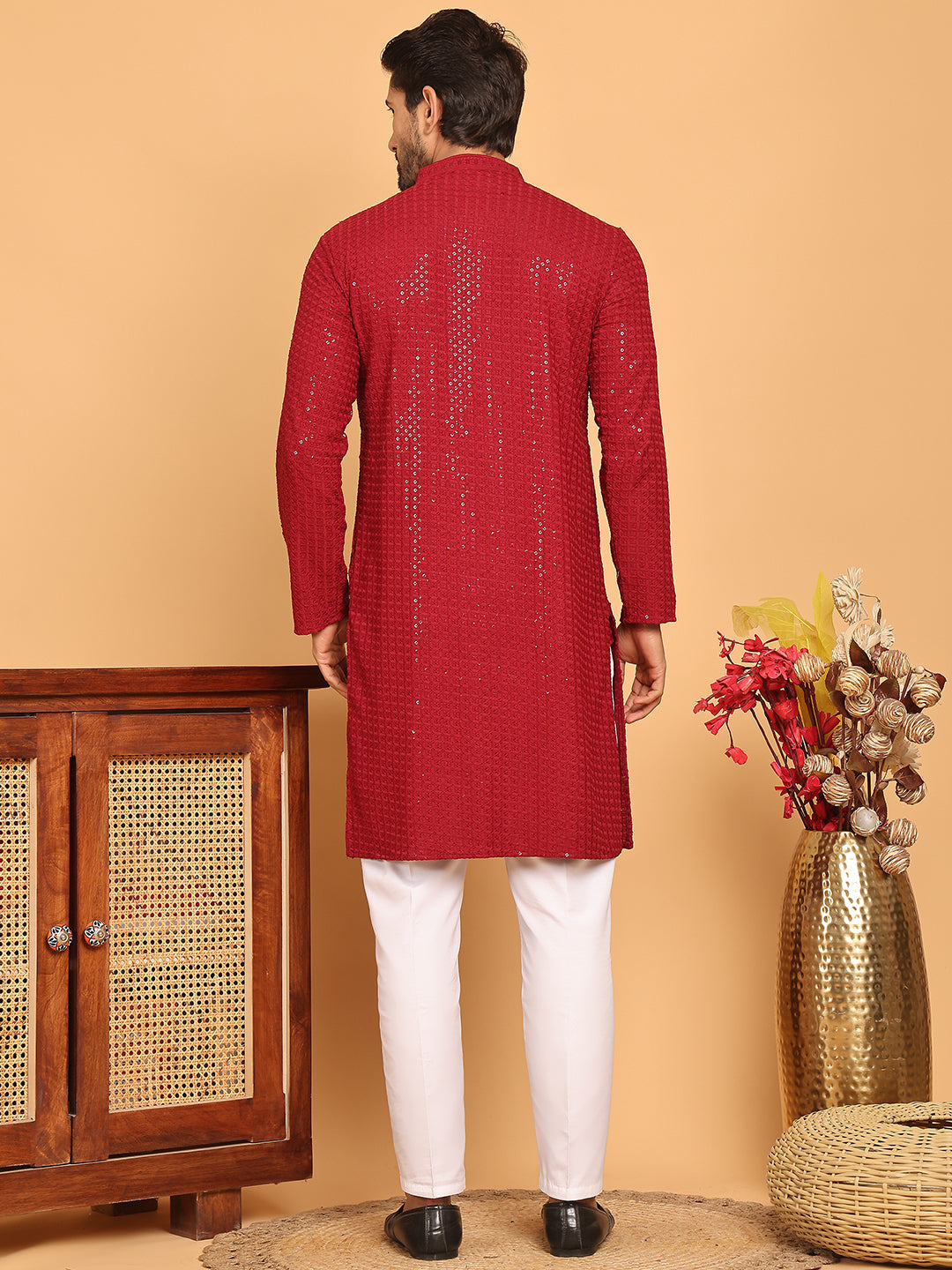 DesiQlo Men Embroidered Kurta Pyjama Set - Maroon - JOKP_P_5177Maroon_