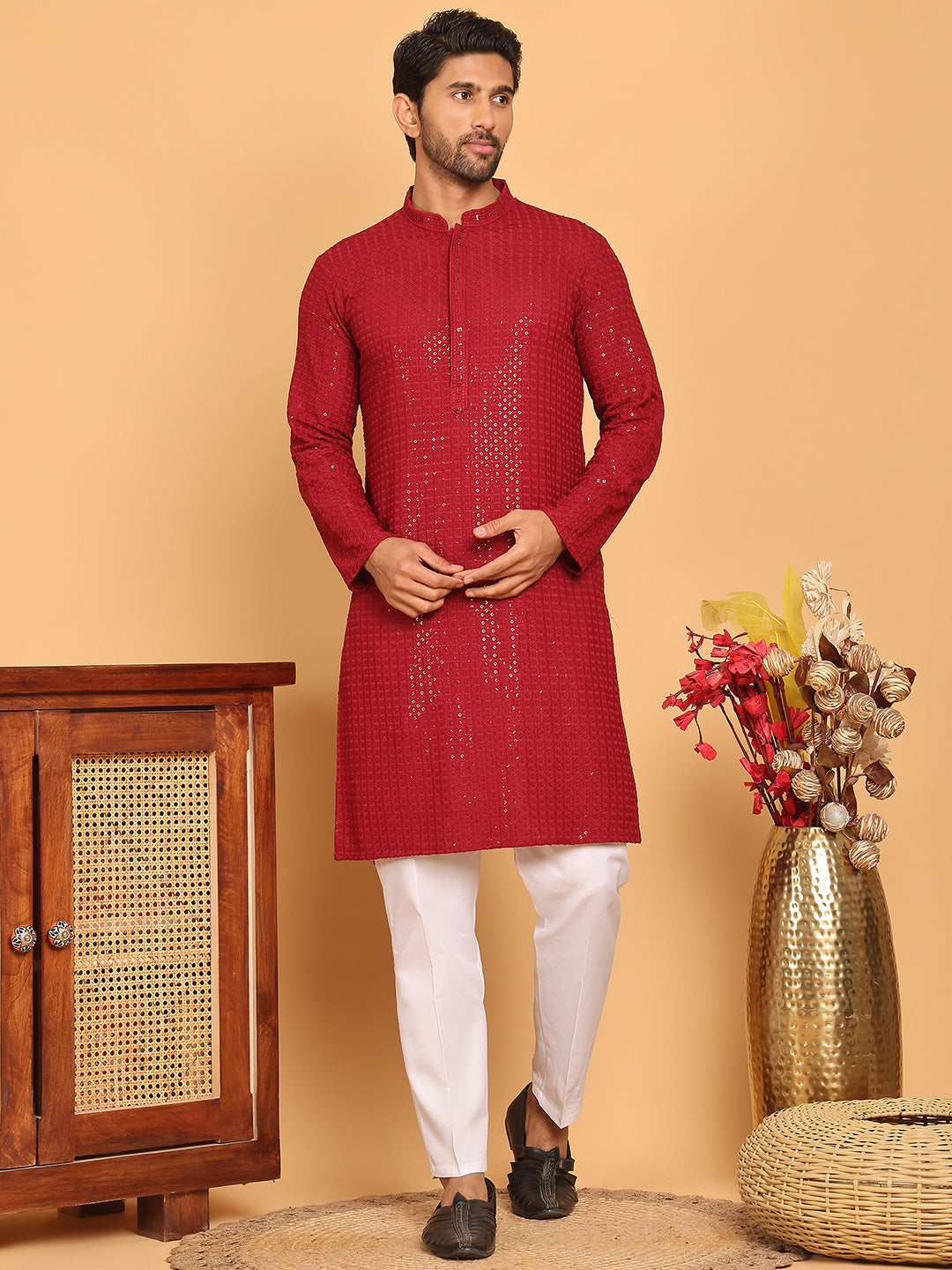 DesiQlo Men Embroidered Kurta Pyjama Set - Maroon - JOKP_P_5177Maroon_