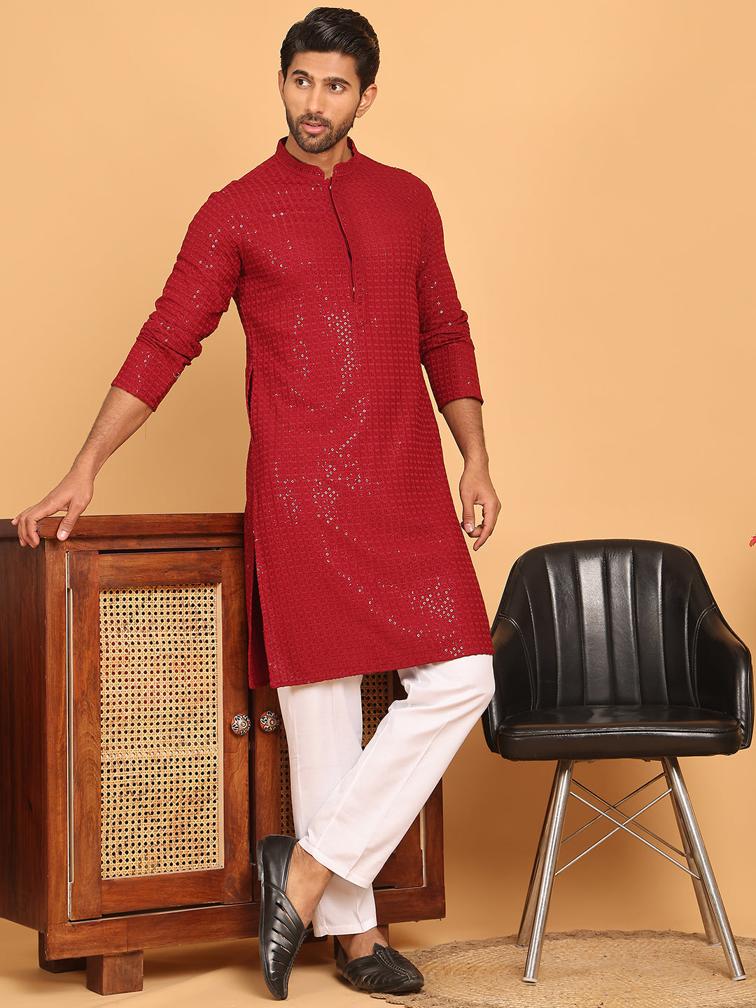 DesiQlo Men Embroidered Kurta Pyjama Set - Maroon - JOKP_P_5177Maroon_