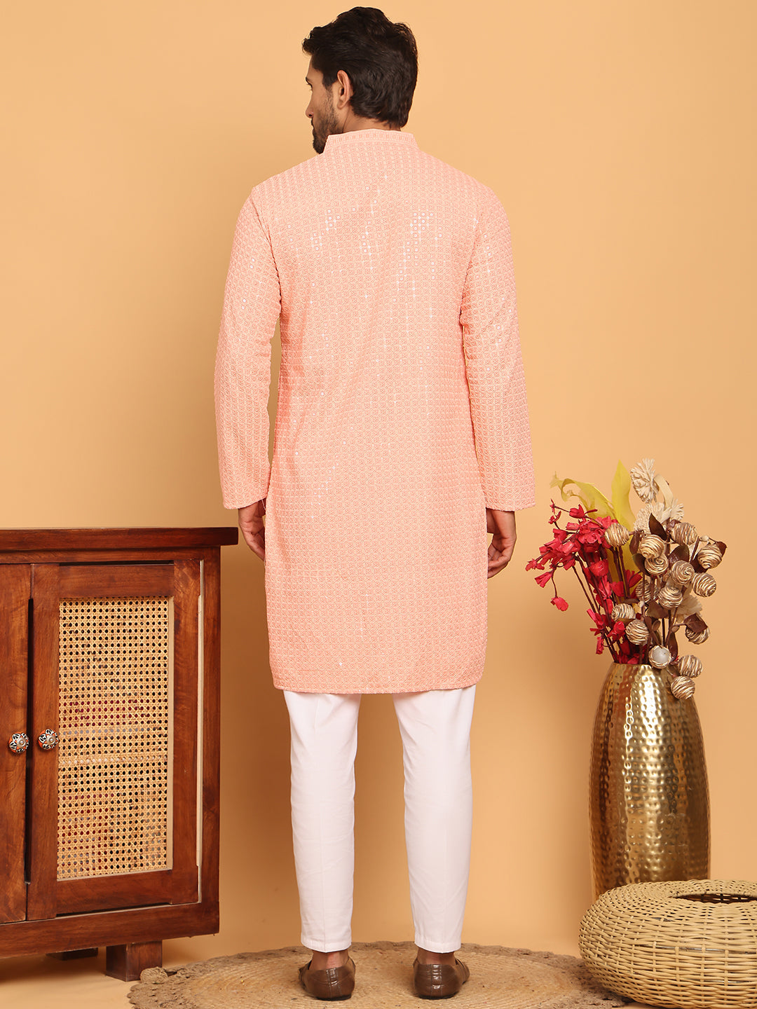 DesiQlo Men Embroidered Kurta Pyjama Set - Orange - JOKP_P_5177Peach_S