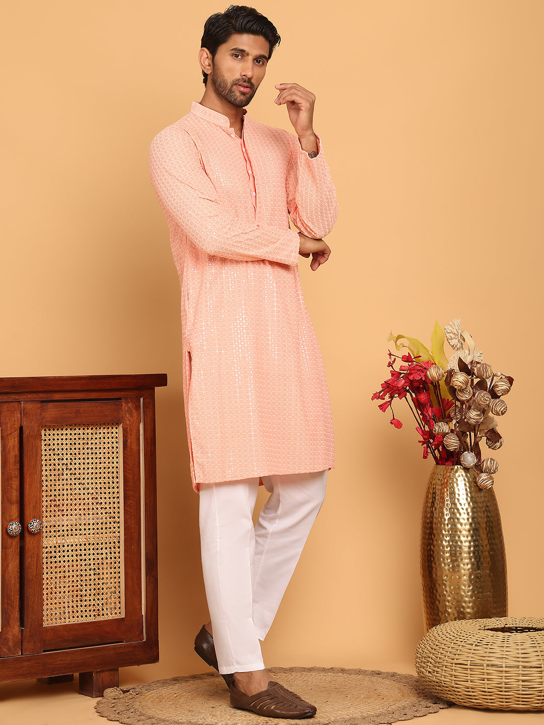 DesiQlo Men Embroidered Kurta Pyjama Set - Orange - JOKP_P_5177Peach_S
