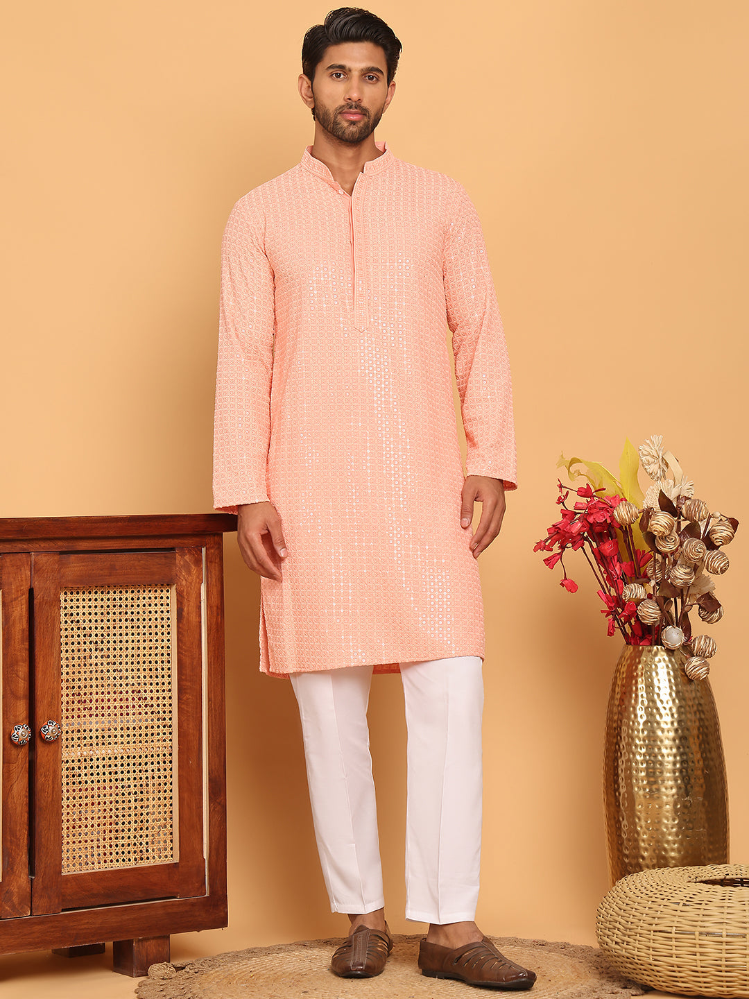 DesiQlo Men Embroidered Kurta Pyjama Set - Orange - JOKP_P_5177Peach_S