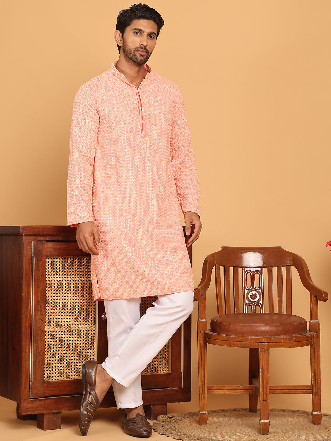 DesiQlo Men Embroidered Kurta Pyjama Set - Orange - JOKP_P_5177Peach_S