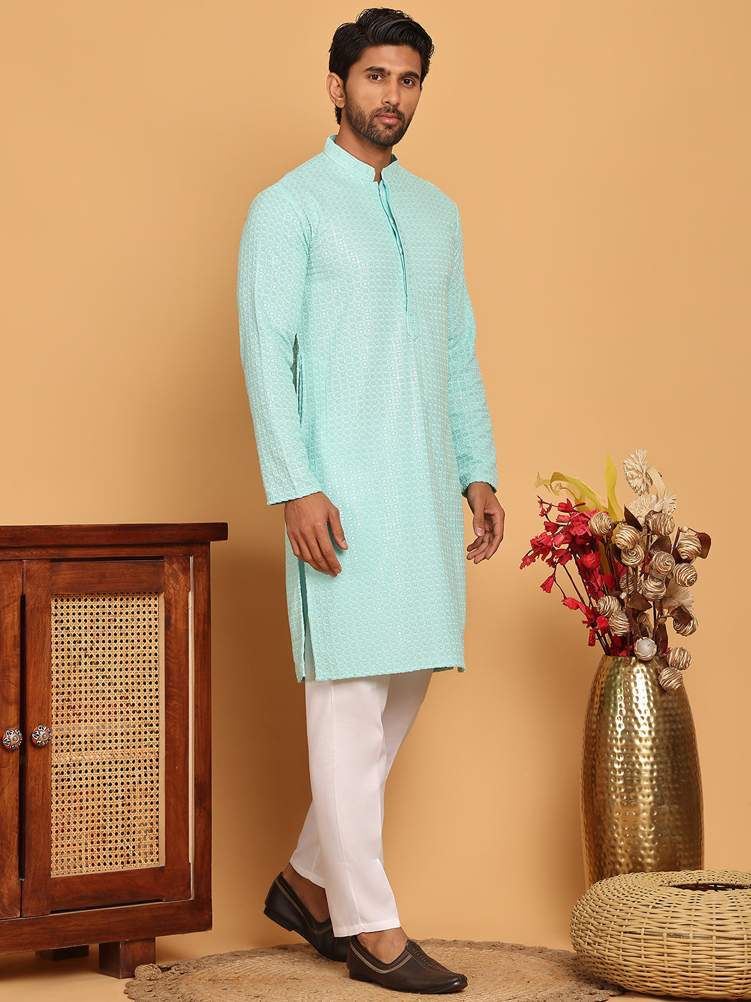 DesiQlo Men Embroidered Kurta Pyjama Set - Blue - JOKP_P_5177Sky_S