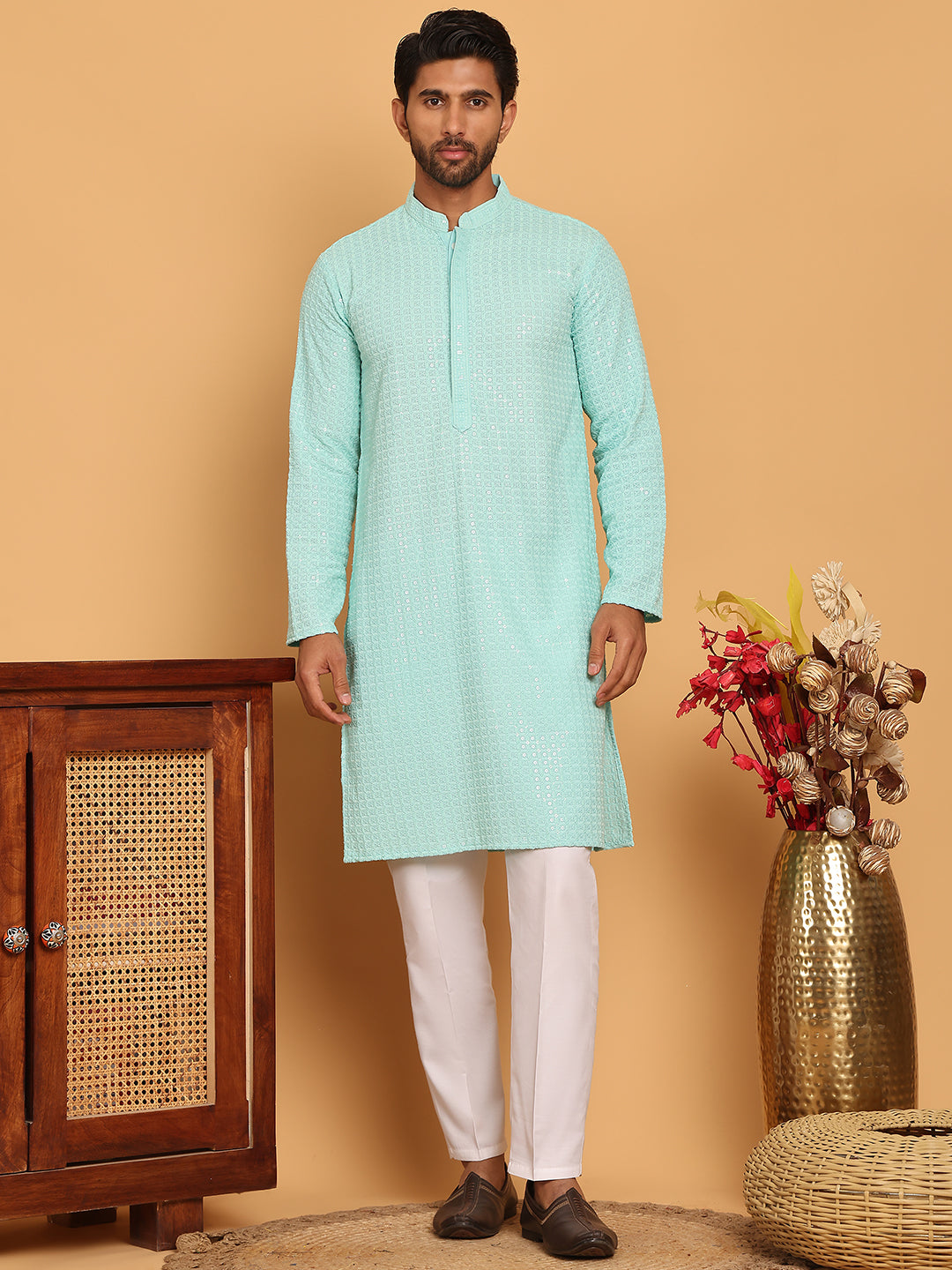 DesiQlo Men Embroidered Kurta Pyjama Set - Blue - JOKP_P_5177Sky_S