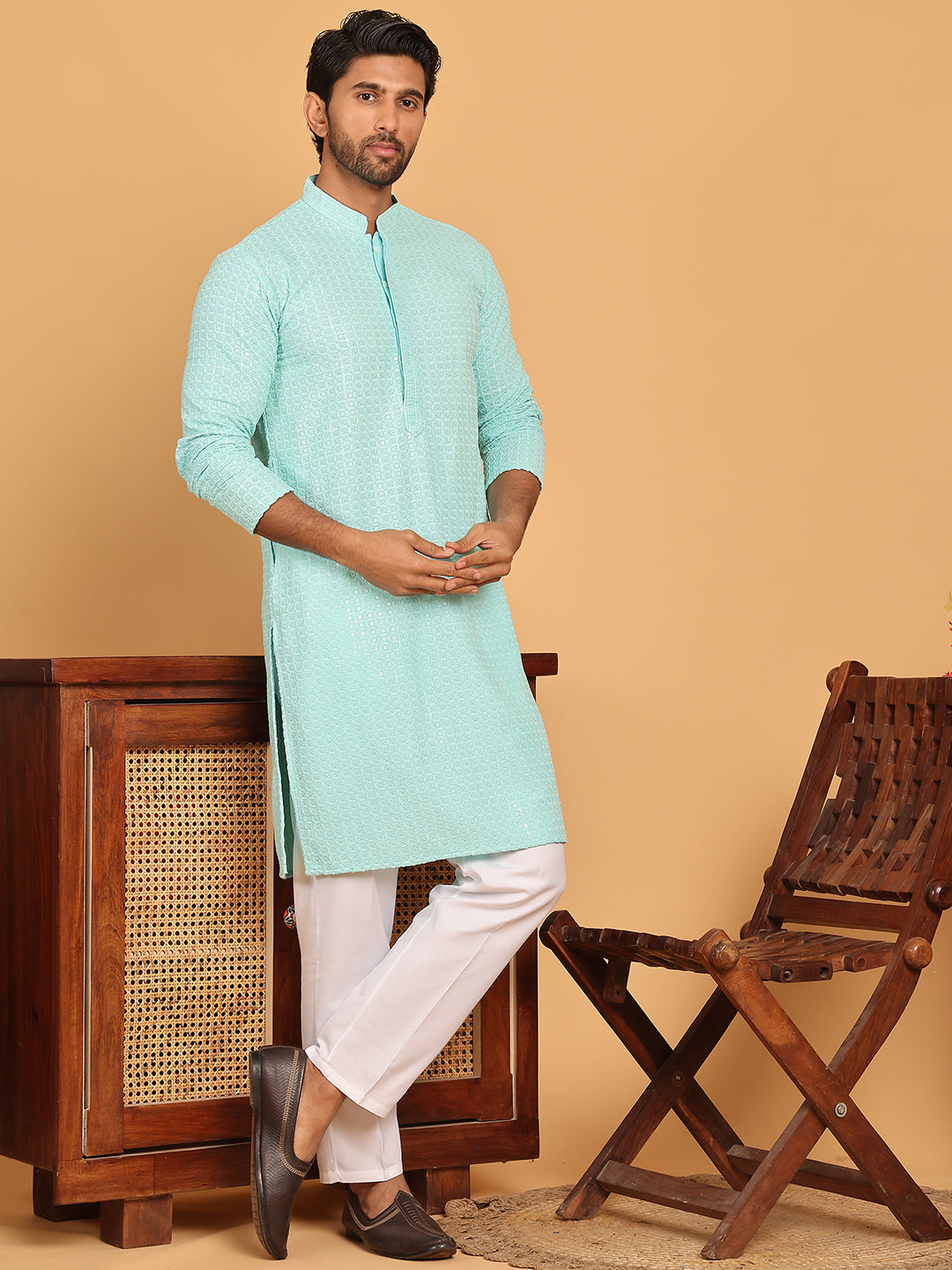 DesiQlo Men Embroidered Kurta Pyjama Set - Blue - JOKP_P_5177Sky_S