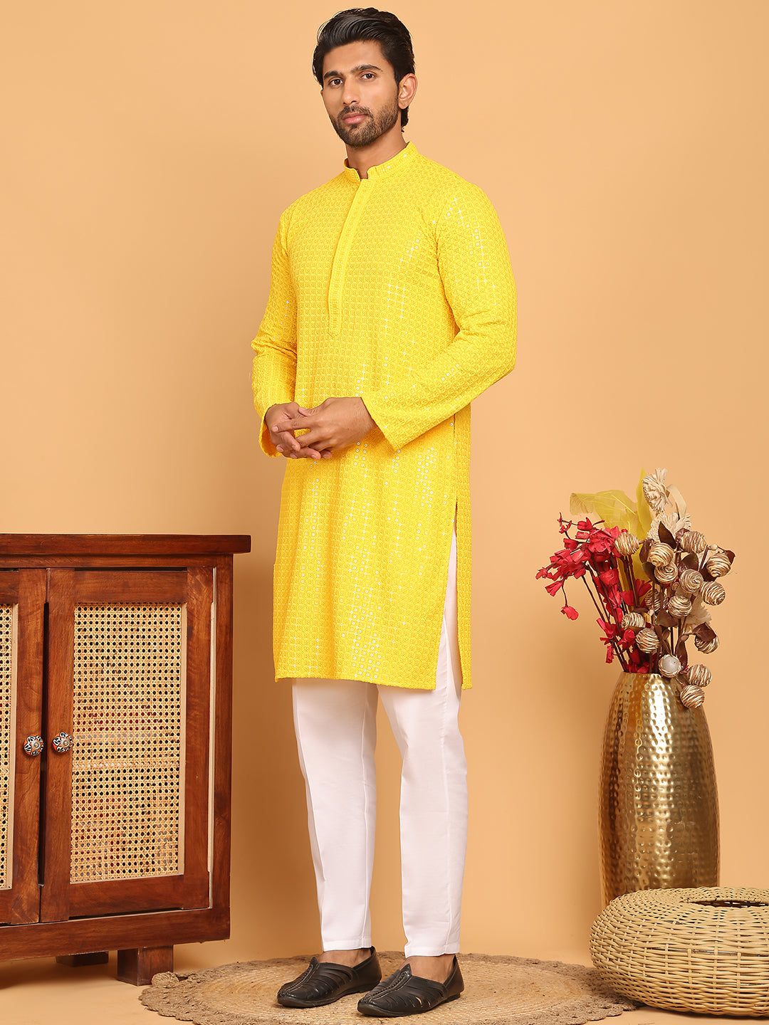 DesiQlo Men Embroidered Kurta Pyjama Set - Yellow - JOKP_P_5177Yellow_