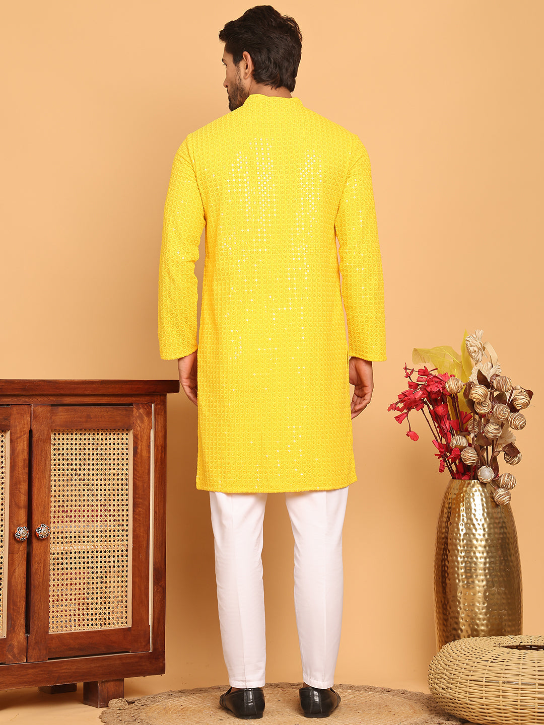 DesiQlo Men Embroidered Kurta Pyjama Set - Yellow - JOKP_P_5177Yellow_