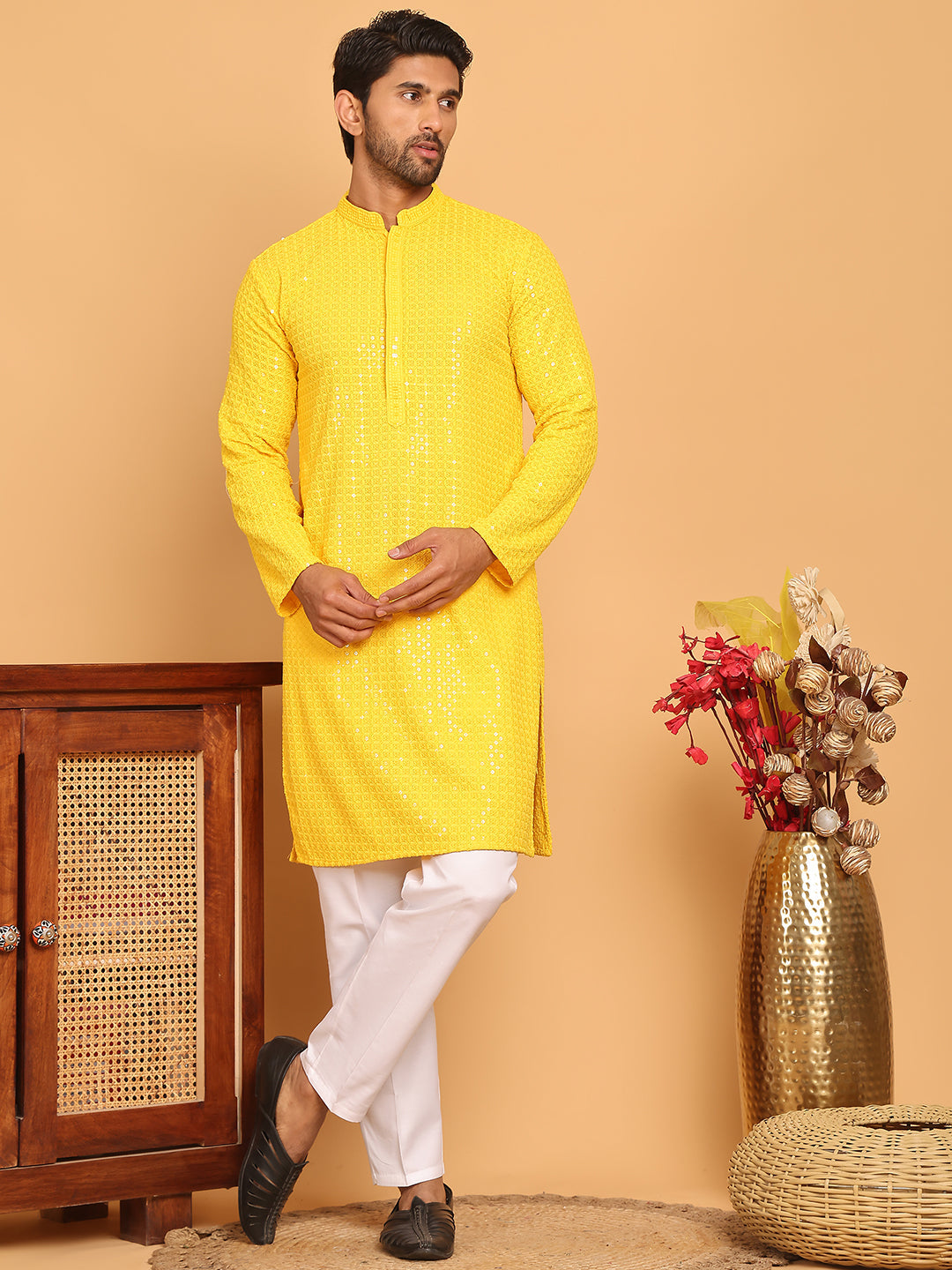 DesiQlo Men Embroidered Kurta Pyjama Set - Yellow - JOKP_P_5177Yellow_